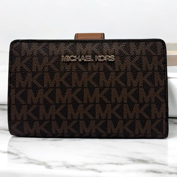 Michael Kors Medium Jet Set Travel Zip Chain Bifold Wallet Leather Brown - Picture 1 of 8